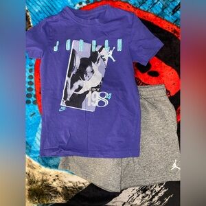 Jordan Purple Graphic Tee and Gray Shorts